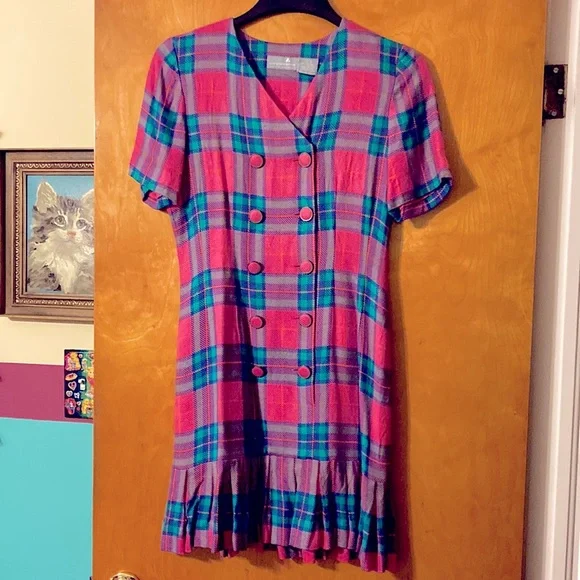 90s bright plaid preppy business dress Sz 6 petite - Picture 1 of 7